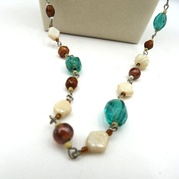 Vintage Beaded Necklace 27" Blue Cream Brown Faceted Shell Glass Resin Beads - Picture 3 of 4